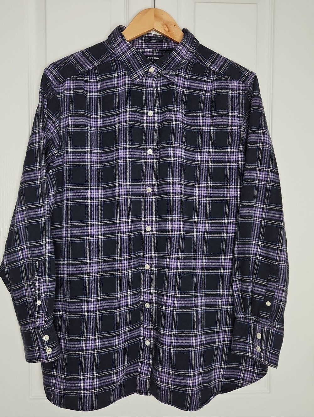 Lands End Navy Plaid Flannel Button Down Shirt 1X Womens Cotton Outdoor Granola